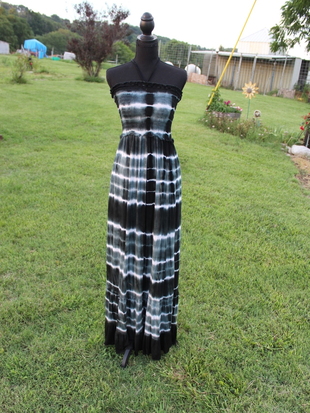 Smocked Strapless Black & White Tie-Dye Maxi Dress